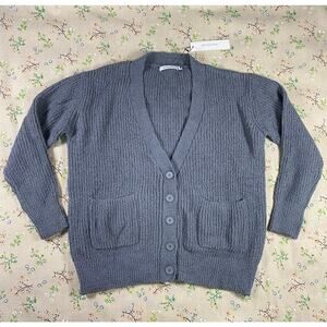 Stitches & Stripes Fluffy Rib Knit Cardigan Gray Small Oversize Cozy Soft V Neck